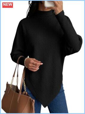 Turtle Neck Oversized Batwing Knit Pullover Sweater Asymmetrical Hem